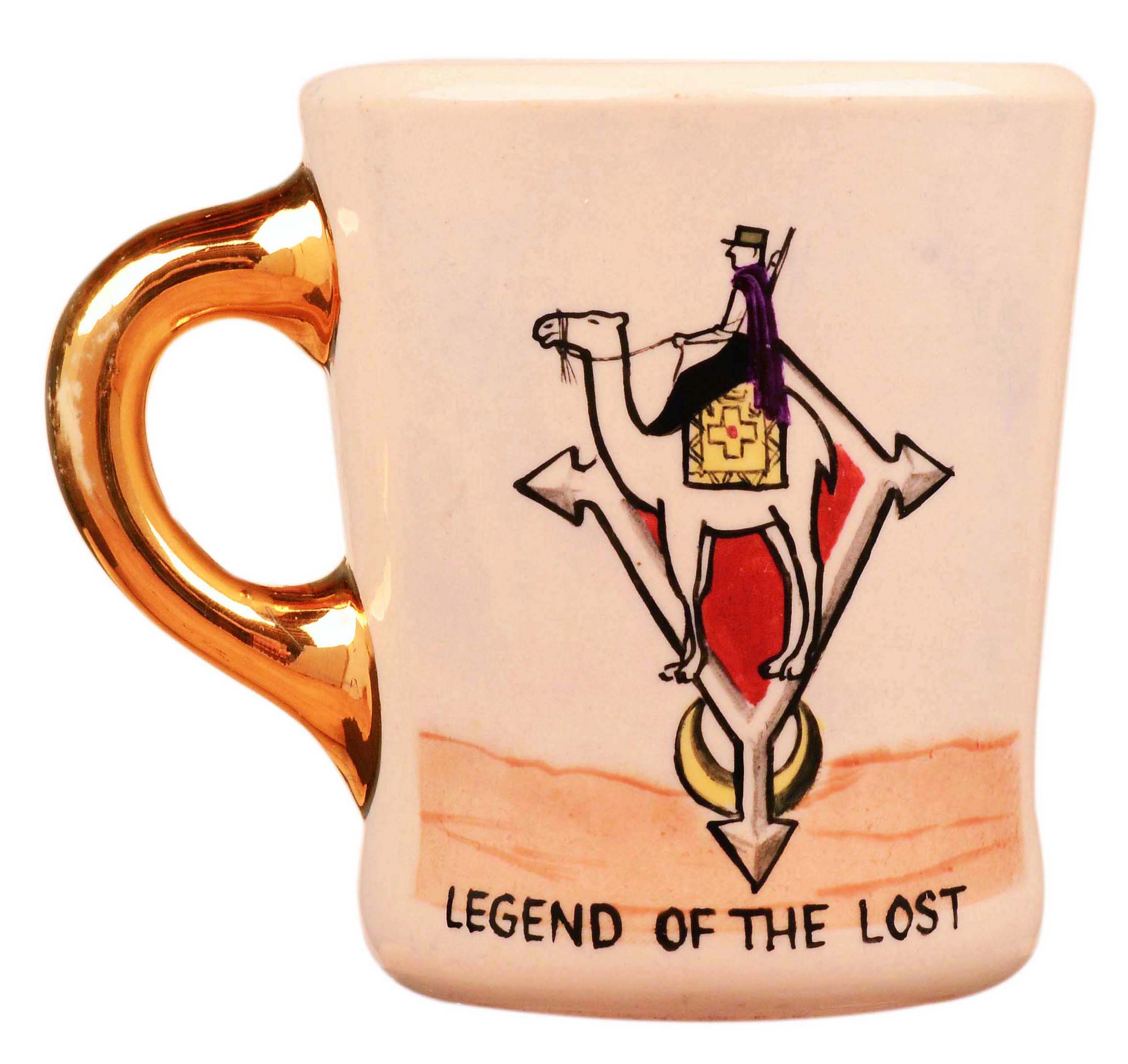 John Wayne mug for the 1957 movie Legend of the Lost, front.